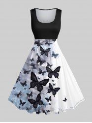 Plus Size Round Neck Sleeveless Ink Painting Butterfly Print 1950s Vintage Dress -  
