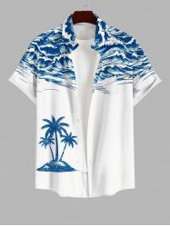 Plus Size Coconut Tree Sea Waves Print Hawaii Button Pocket Shirt For Men -  