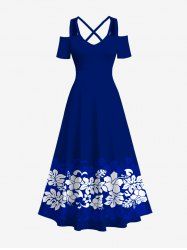 Plus Size Tropical Leaf Hibiscus Flowers Print Crisscross Cold Shoulder Hawaii Maxi Dress -  