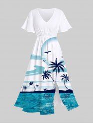 Plus Size Seascape Coconut Tree Seagull Cloud Tropical Print Hawaii Split Midi Dress -  