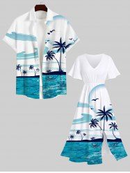 Seascape Coconut Tree Seagull Cloud Tropical Print Plus Size Matching Hawaii Beach Outfit For Couples -  