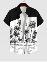 Plus Size Coconut Tree Sea Wind Colorblock Print Buttons Pocket Hawaii Shirt For Men -  