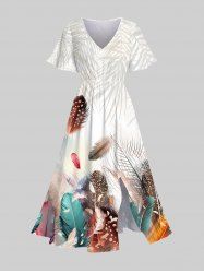 Plus Size Colorful Feather Ombre Tropical Leaves Print Hawaii Split Pocket A Line Midi Dress -  