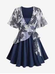 Plus Size Rose Flower Gilding Print Surplice Tied 2 in 1 Top -  