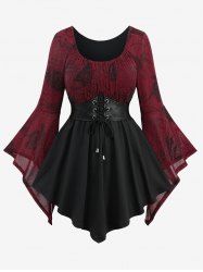 Plus Size Flare Sleeves Glitter Rose Flower Print Ruched Lace Up PU Belted Peplum Hem Top -  