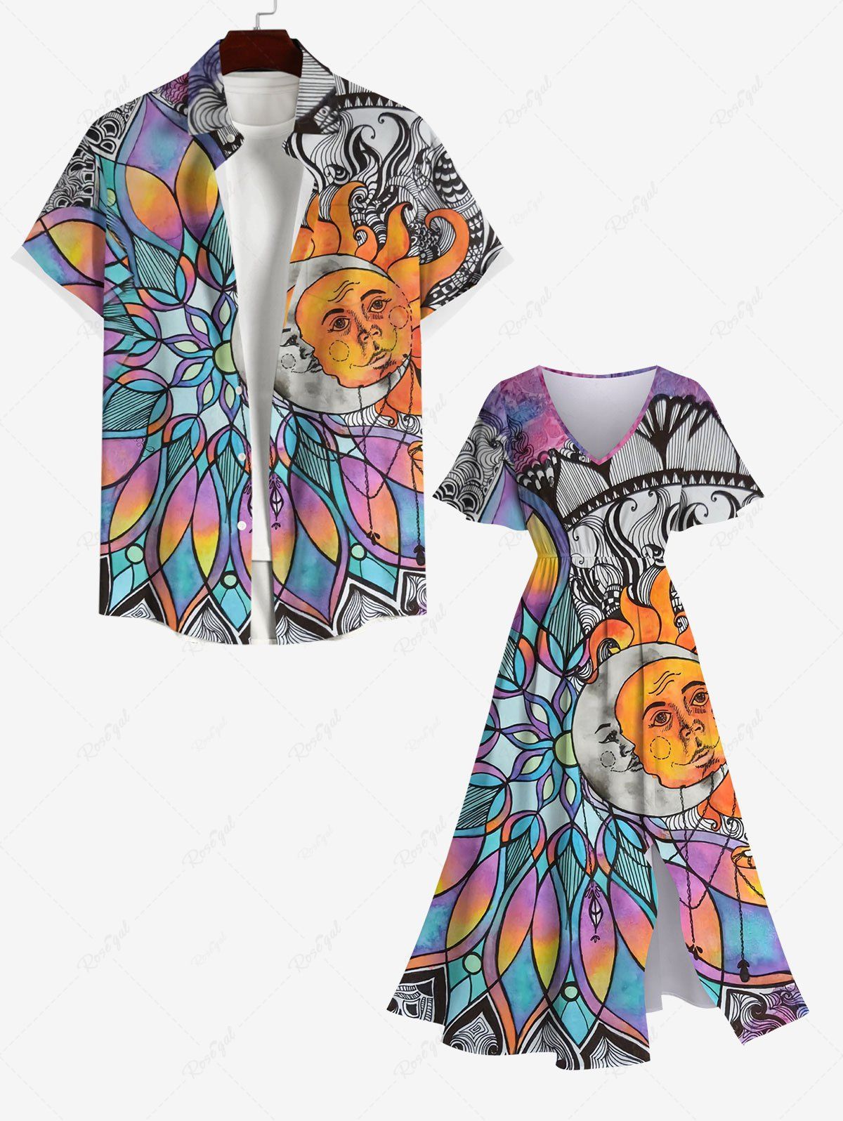 Unique Colorful Ombre Vintage Floral Moon Sun Print Plus Size Matching Set For Couples  