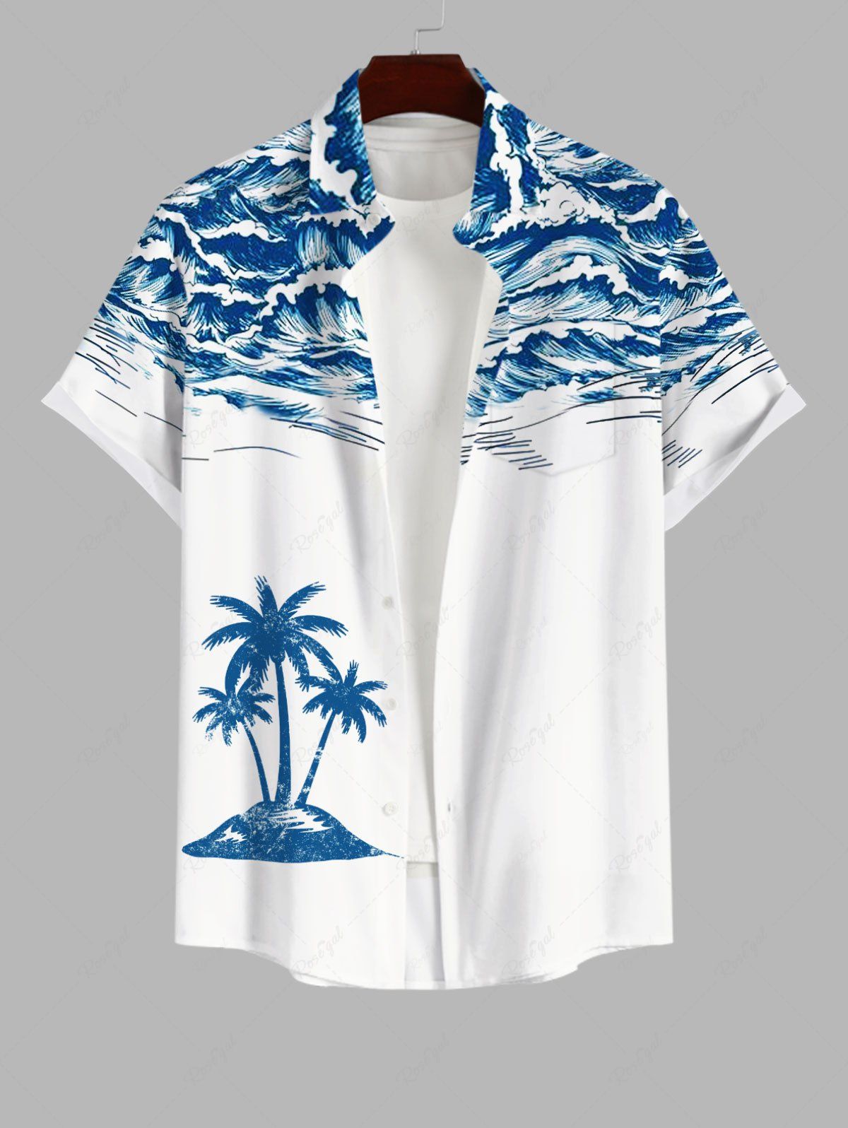 Fancy Plus Size Coconut Tree Sea Waves Print Hawaii Button Pocket Shirt For Men  