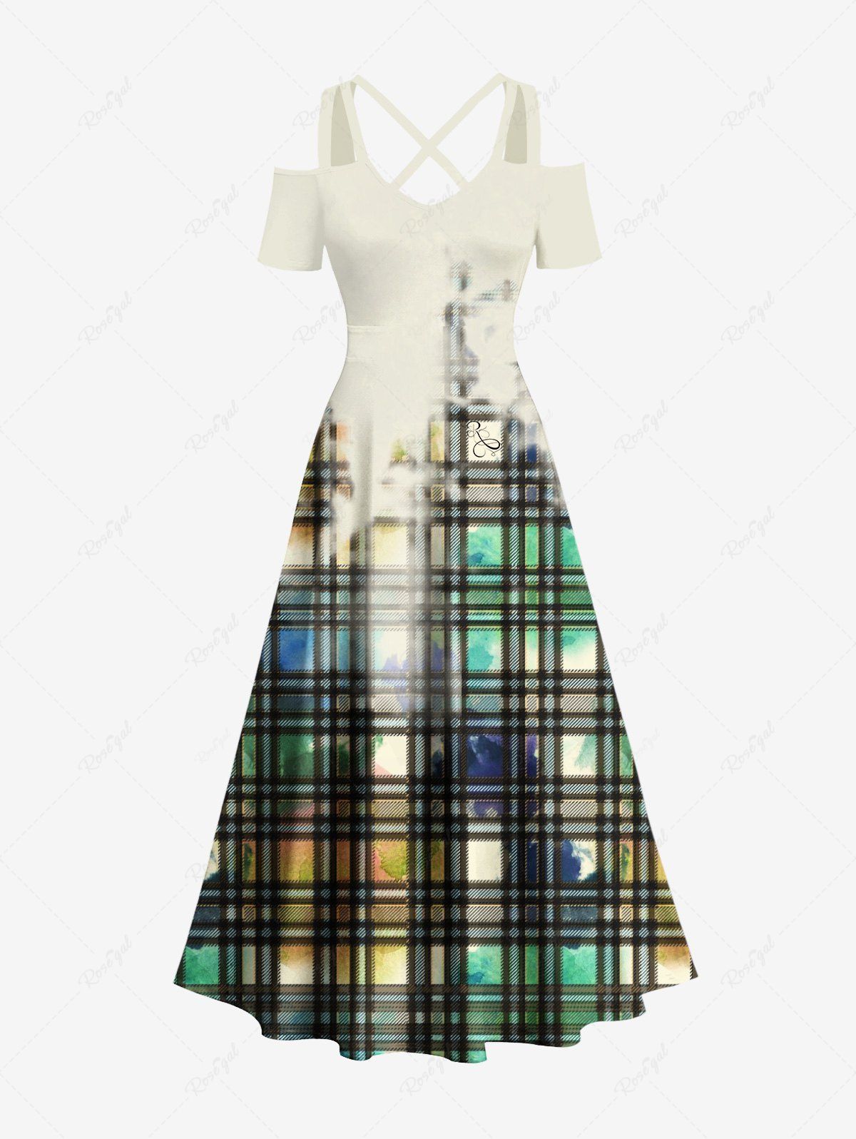 Store Plus Size Cold Shoulder Tie Dye Ombre Watercolor Plaid Print Crisscross A Line Maxi Dress  
