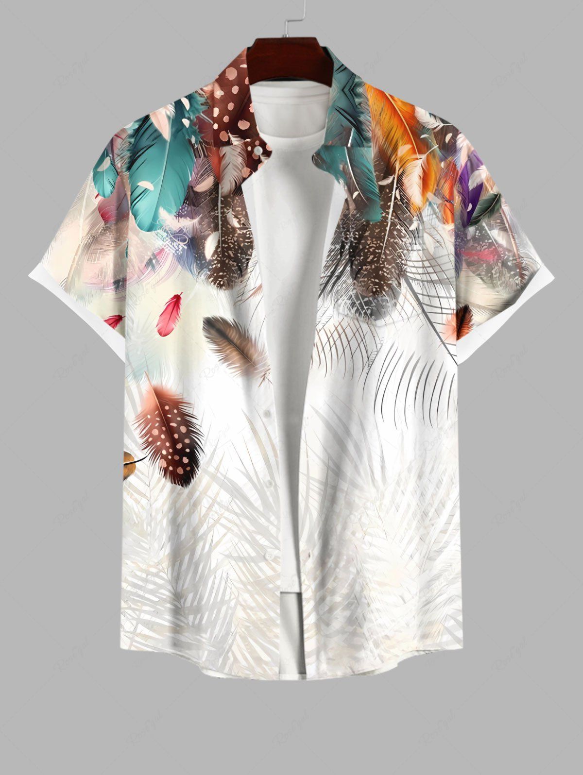 Online Plus Size Colorful Feather Ombre Tropical Leaves Print Hawaii Button Pocket Shirt For Men  