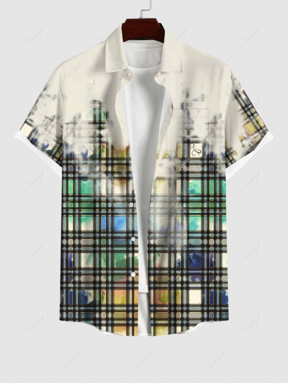 Fashion Plus Size Tie Dye Ombre Watercolor Plaid Print Button Pocket Shirt For Men  