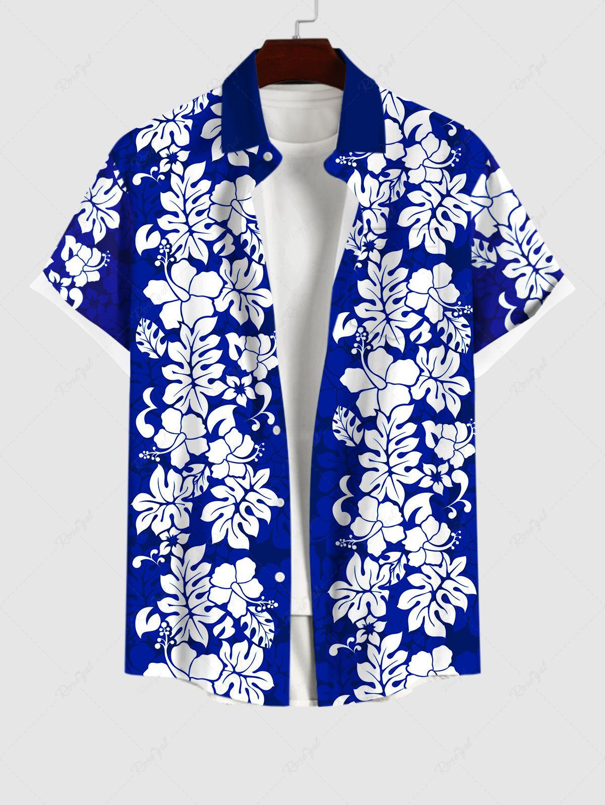 Fashion Plus Size Tropical Leaf Hibiscus Flowers Print Buttons Pocket Hawaii Shirt For Men  