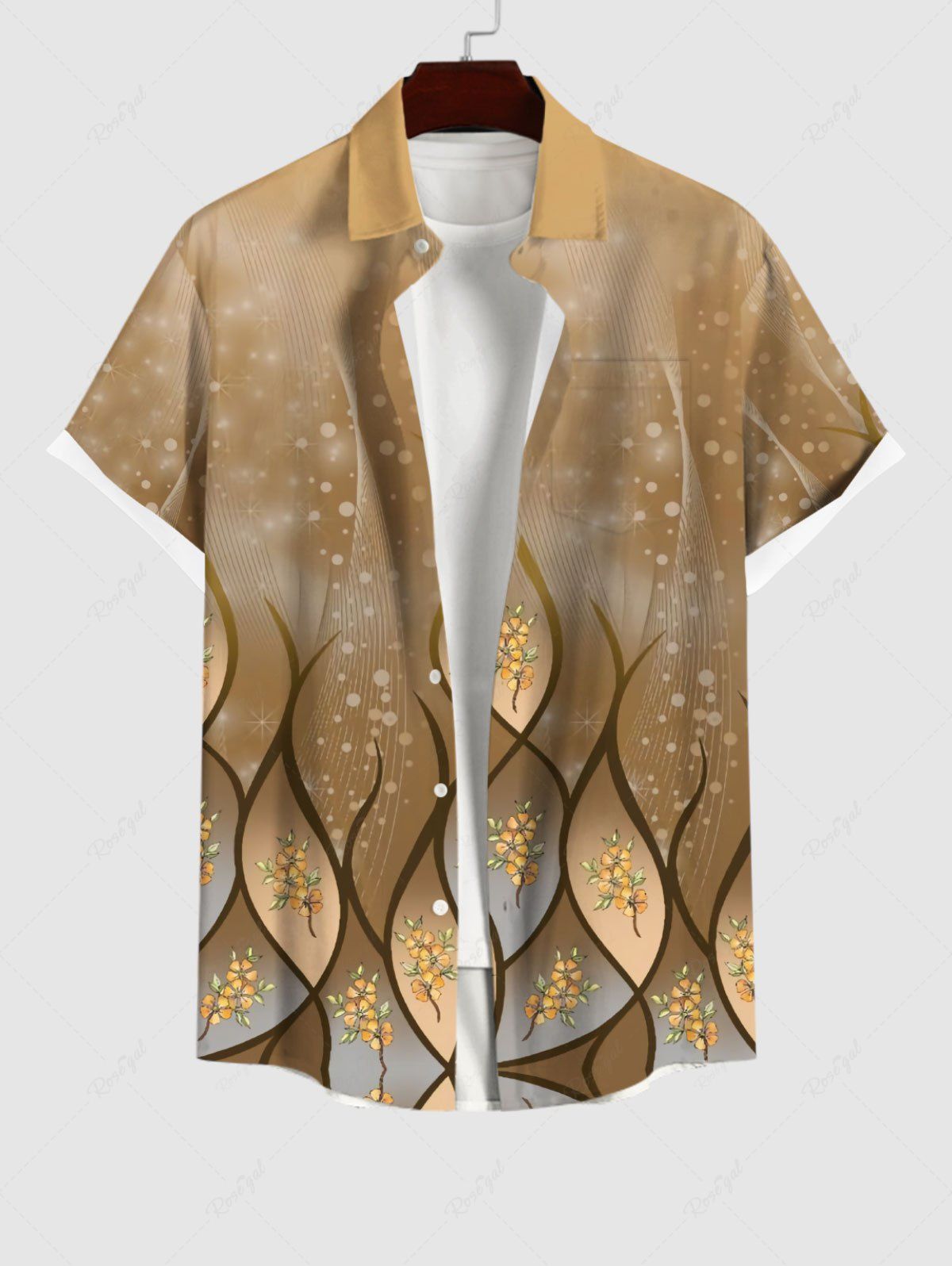 Chemise Fleur Imprimée Ombré à Pois avec Poche de Grande Taille à Paillettes avec Boutons pour Homme café XL