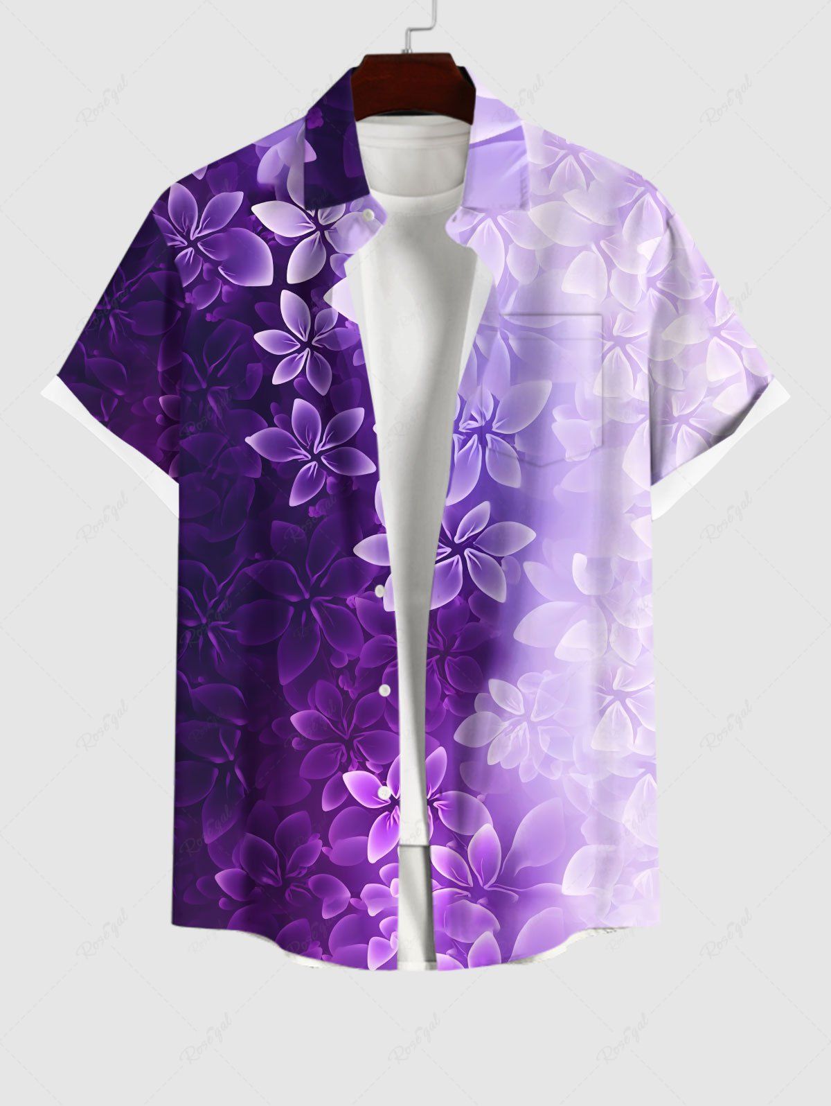 Chemise Décontractée Boutonnée Fleur Imprimée en Blocs de Couleurs avec Poche de Grande Taille pour Homme Pourpre  XL