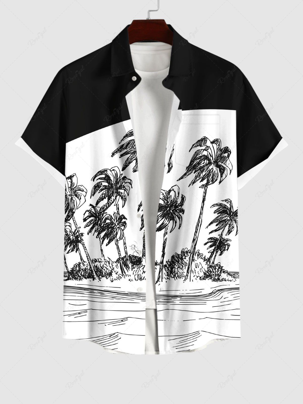 New Plus Size Coconut Tree Sea Wind Colorblock Print Buttons Pocket Hawaii Shirt For Men  