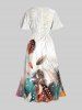 Plus Size Colorful Feather Ombre Tropical Leaves Print Hawaii Split Pocket A Line Midi Dress -  