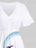 Plus Size Seascape Coconut Tree Seagull Cloud Tropical Print Hawaii Split Midi Dress - Blanc 5X