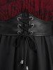 Plus Size Flare Sleeves Glitter Rose Flower Print Ruched Lace Up PU Belted Peplum Hem Top -  