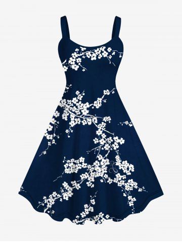 Plus Size Plum Bossom Flower Branch Print Tank Dress - MIDNIGHT BLUE - XS