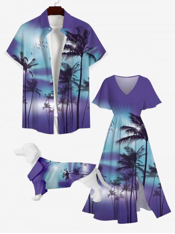 Tropical Coconut Tree Ombre Colorblock Print Hawaii Dog and Owner Matching Outfits - PURPLE