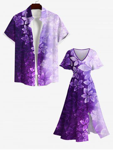 Flowers Ombre Glitter 3D Print Plus Size Matching Hawaii Beach Outfit For Couples - PURPLE