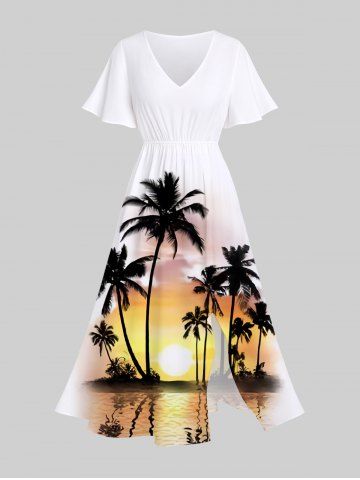 Plus Size Coconut Tree Sea Ombre Dusk Print Hawaii Split Pocket A Line Midi Dress - MULTI-A - 6X