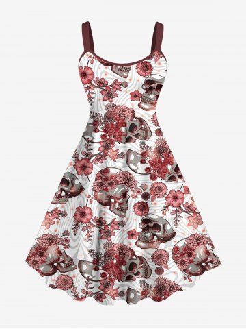 Plus Size Skull Floral Striped Print Hawaii A Line Tank Dress - RED - XS