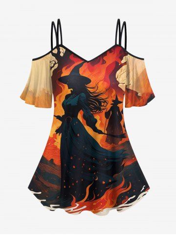 Plus Size Cold Shoulder Wizard Fire Flame Tree Print Cami T-shirt - RED - 3X