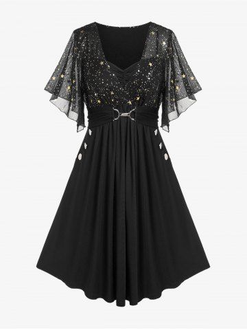 Plus Size Stars Print Buckle Button Pockets Ruched Butterfly Sleeves Dress - BLACK - M | US 10