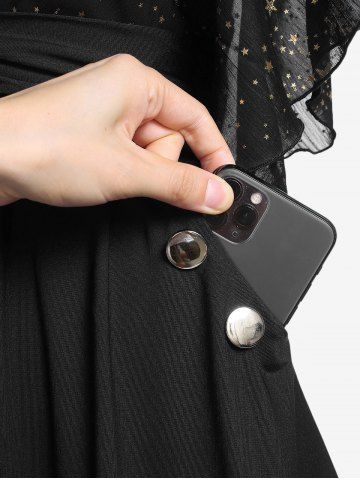 Plus Size Stars Print Buckle Button Pockets Ruched Butterfly Sleeves Dress