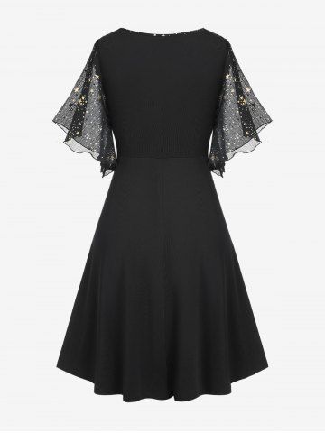 Plus Size Stars Print Buckle Button Pockets Ruched Butterfly Sleeves Dress