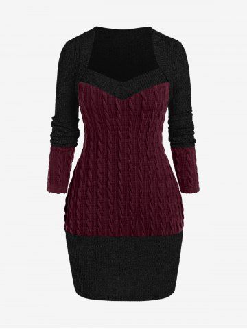 Robe Pull Bicolore en Tricot à Câble Grande Taille à Lacets - DEEP RED - M | US 10