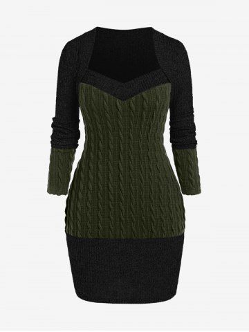 Plus Size Sweetheart Neck Two Tone Cable Knit Sweater Dress - DEEP GREEN - L | US 12