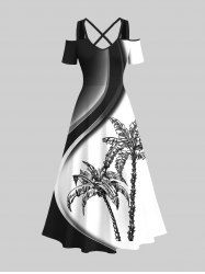 Plus Size Two Tone Coconut Tree Highway Colorblock Print Cold Shoulder Crisscross Hawaii Maxi Dress -  