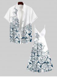 Tenue Contrastante Imprimé Feuilles et Fleurs Grande Taille pour Couples - Blanc 