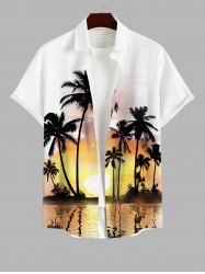 Plus Size Coconut Tree Sea Ombre Dusk Print Hawaii Button Pocket Shirt For Men -  