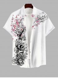 Chemise Branche D'Encre Rose Fleur et Peinture Imprimées avec Poche Boutonnée de Grande Taille pour Homme - Blanc 2XL
