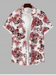 Plus Size Skull Floral Striped Print Hawaii Button Pocket Shirt For Men -  
