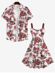 Skull Floral Striped Print Plus Size Matching Set For Couples -  
