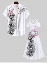 Ink Painting Rose Flower Tree Branch Print Plus Size Matching Set For Couples -  