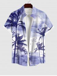 Plus Size Coconut Tree Bird Cloud Ombre Colorblock Print Buttons Pocket Hawaii Shirt For Men -  