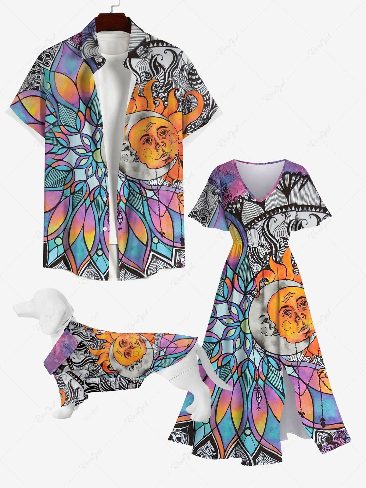Unique Colorful Ombre Dreamcatcher Sun Moon Colorblock Print Dog And Owner Matching Outfits  