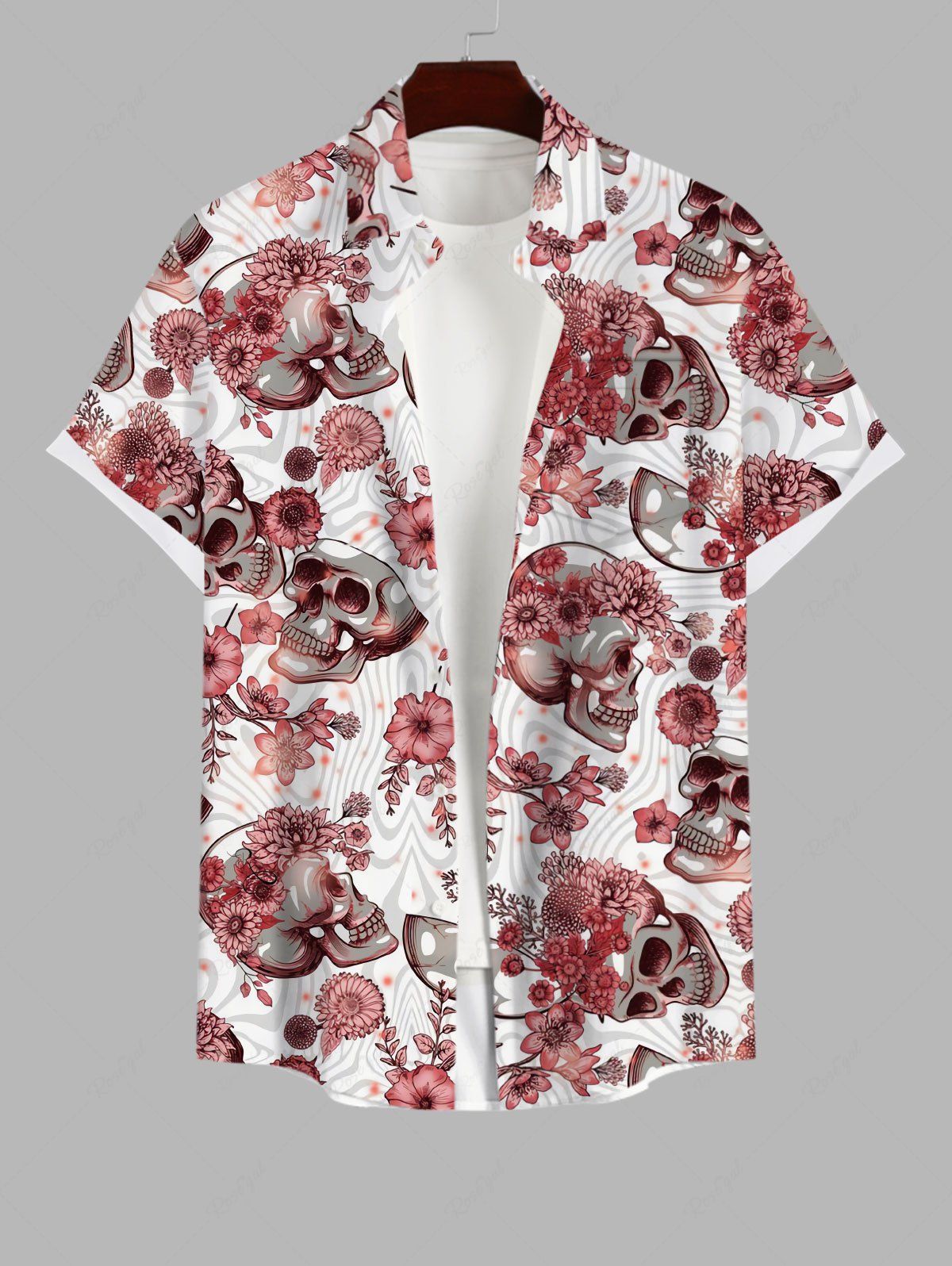 Outfits Plus Size Skull Floral Striped Print Hawaii Button Pocket Shirt For Men  