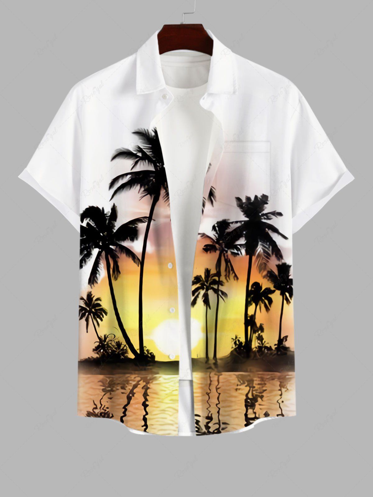 Trendy Plus Size Coconut Tree Sea Ombre Dusk Print Hawaii Button Pocket Shirt For Men  