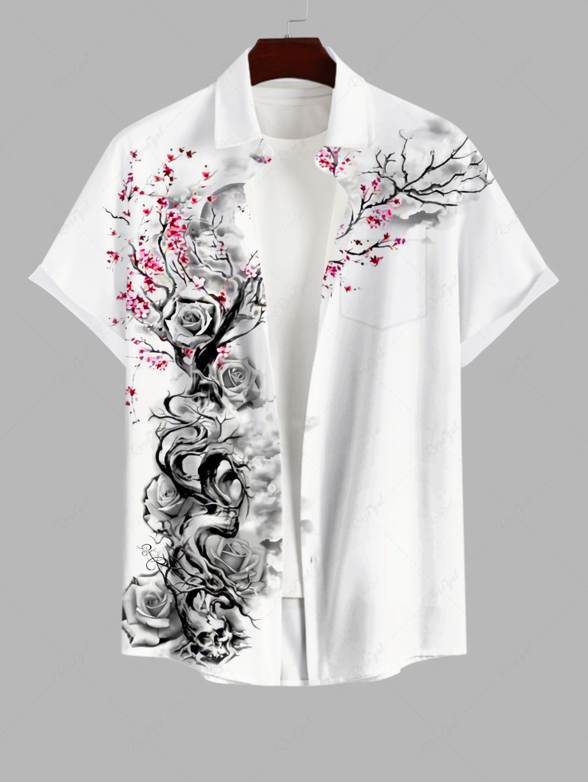 Chemise Branche D'Encre Rose Fleur et Peinture Imprimées avec Poche Boutonnée de Grande Taille pour Homme Blanc 2XL