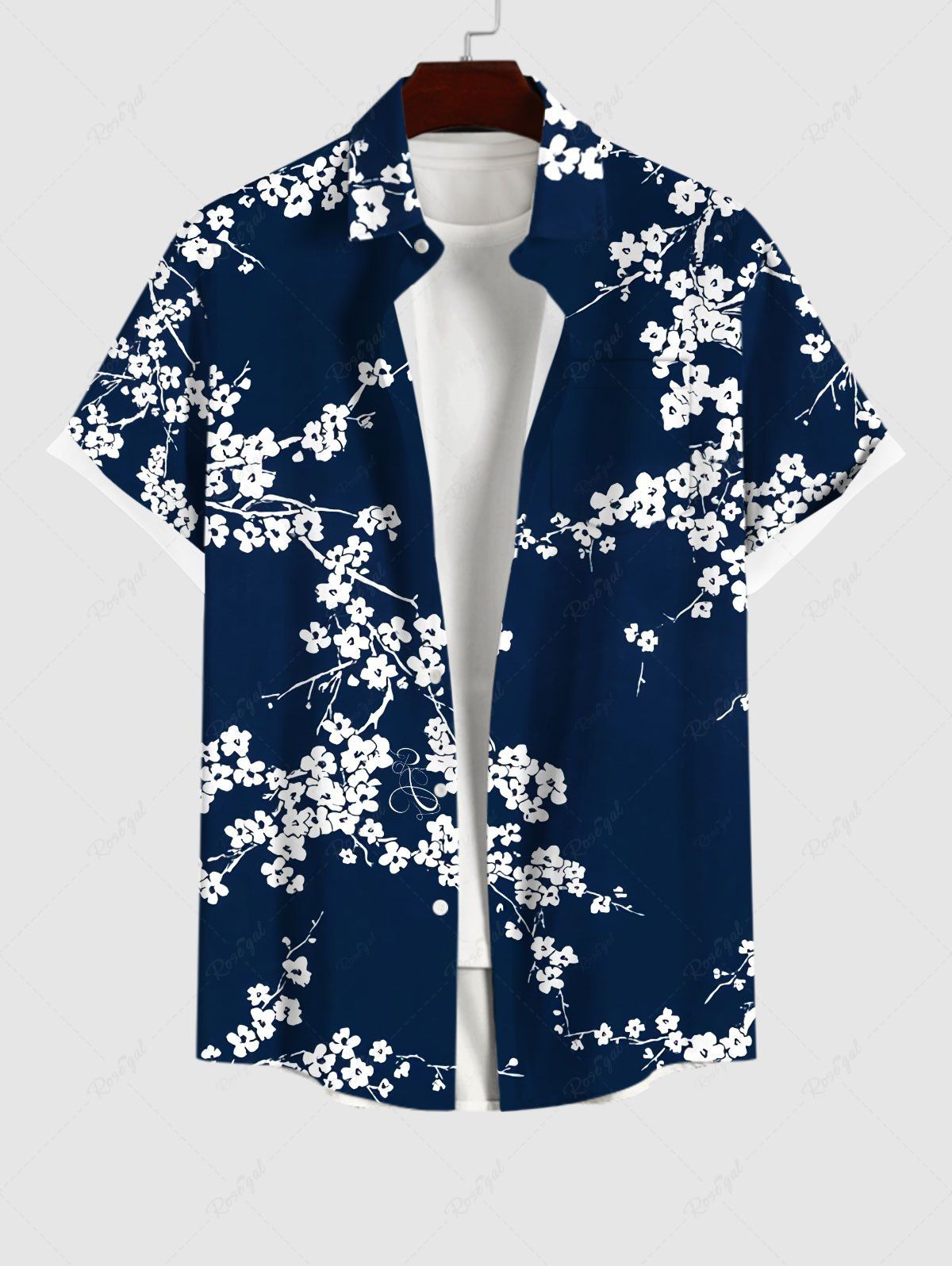 Best Plus Size Plum Bossom Flower Branch Print Buttons Pocket Shirt For Men  