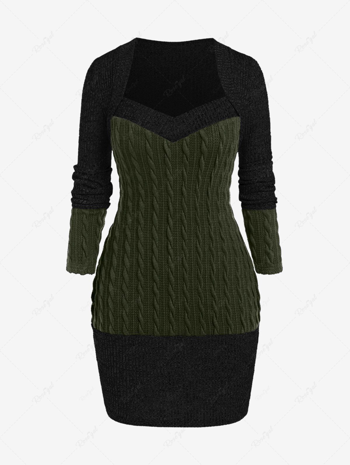Outfits Plus Size Sweetheart Neck Two Tone Cable Knit Sweater Dress  
