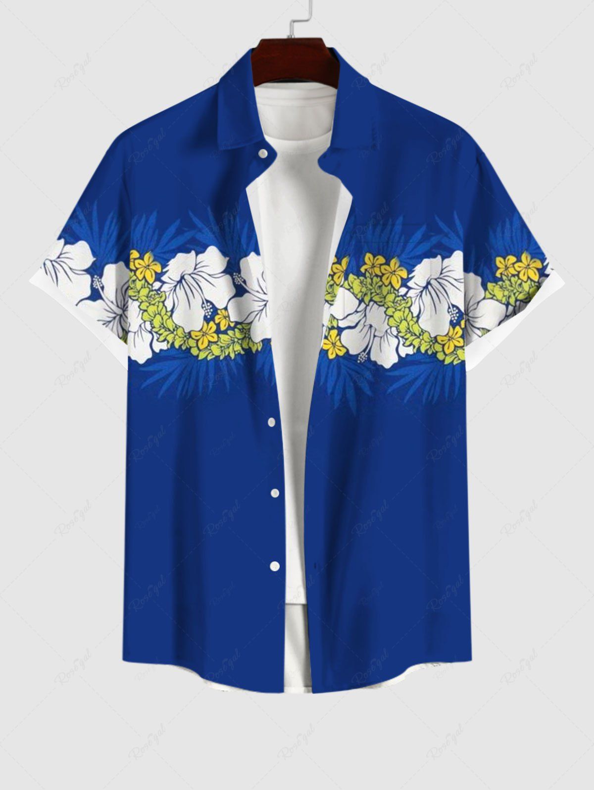 Outfits Plus Size Tropical Leaf Hibiscus Flower Print Buttons Pocket Hawaii Shirt For Men  