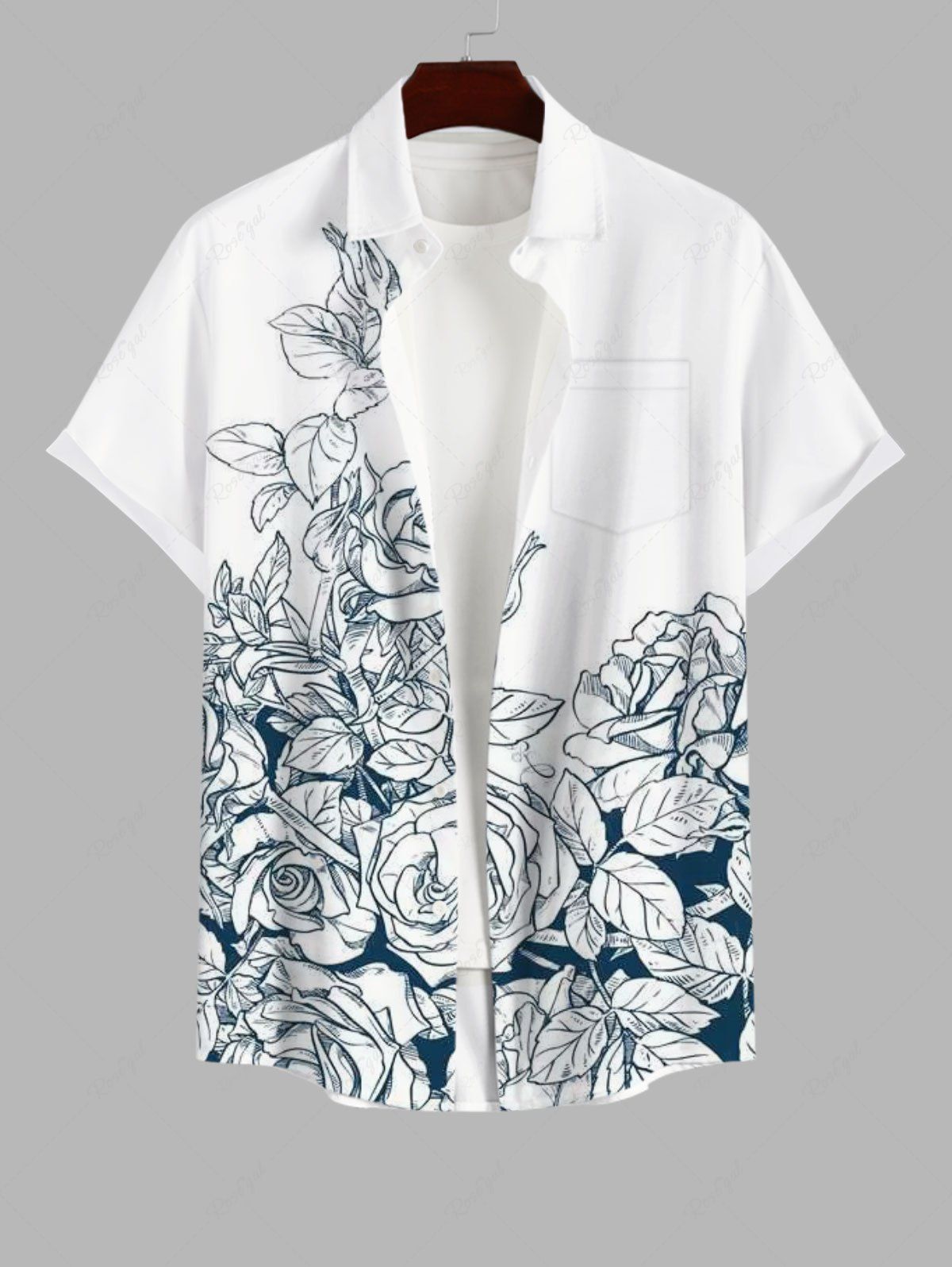 Chemise Rose Feuille Fleur Imprimées en Blocs de Couleurs avec Poche de Grande Taille avec Boutons Blanc L