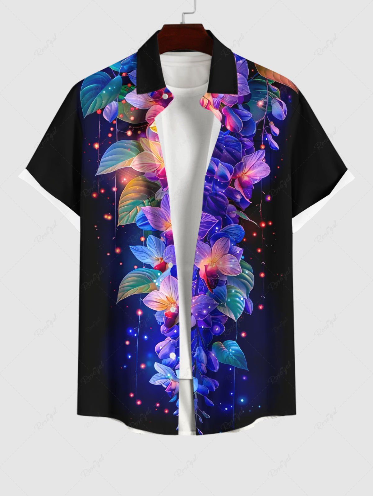 Sale Plus Size Colorful Flowers Leaf Galaxy Glitter 3D Print Buttons Pocket Shirt For Men  