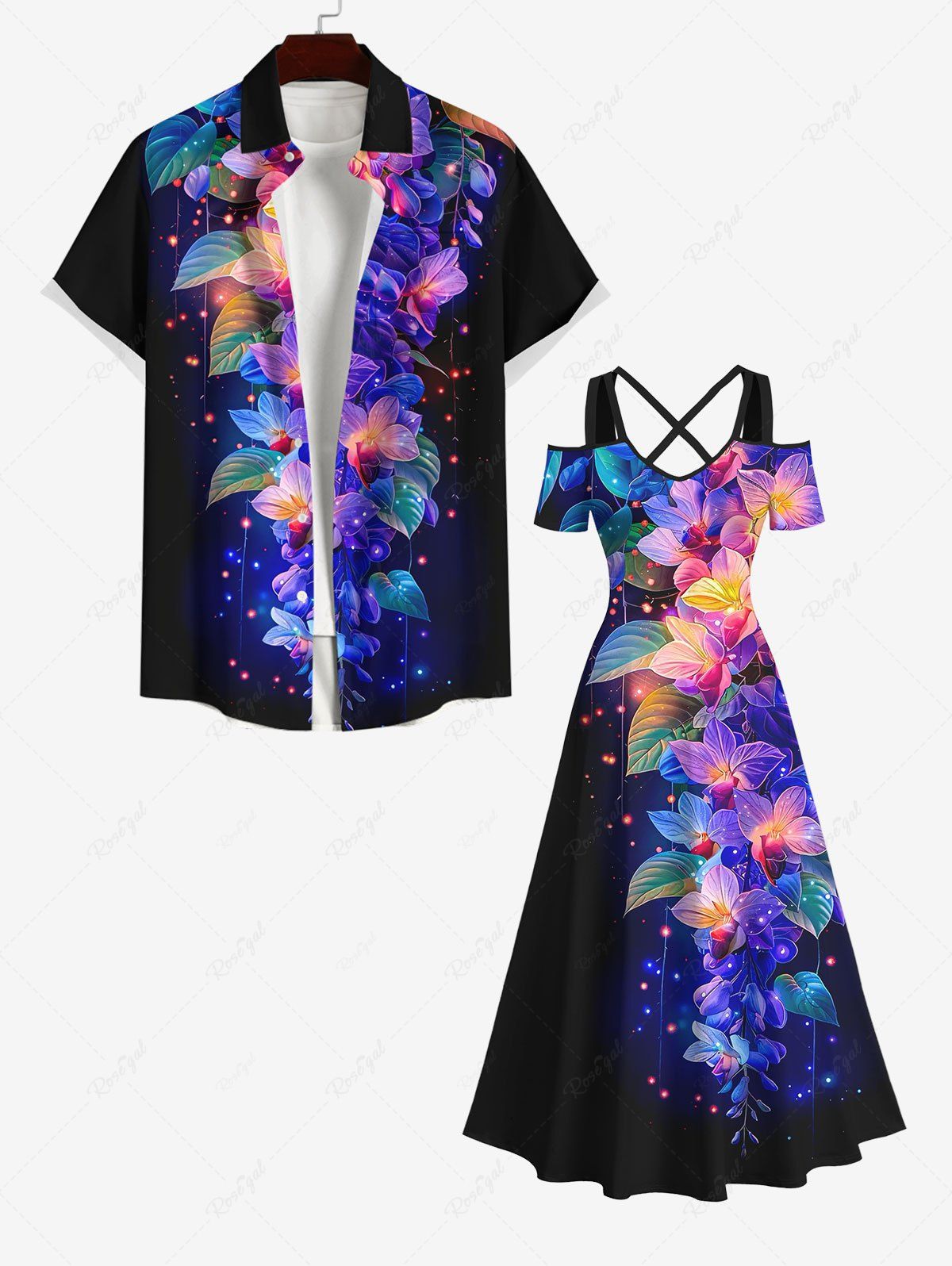 Shops Colorful Flowers Leaf Galaxy Glitter 3D Print Plus Size Matching Outfit For Couples  